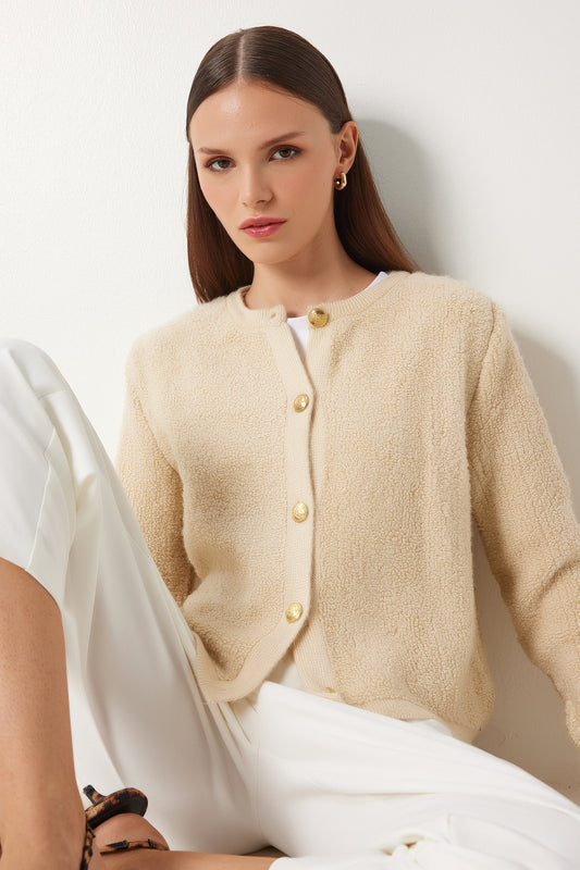 Happiness İstanbul Women's Dark Cream Boucle Knitwear Jacket Cardigan Women