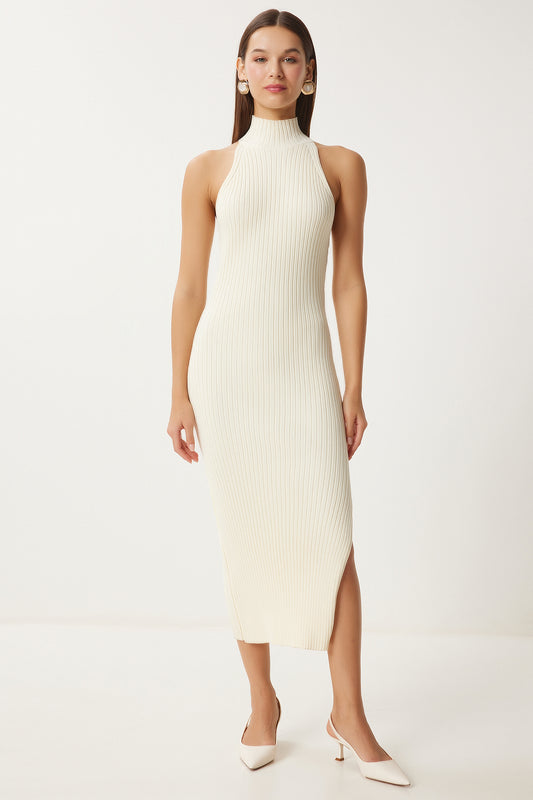 Happiness İstanbul Women's Bone Off-Shoulder Wrap Ribbed Knitwear Dress Women