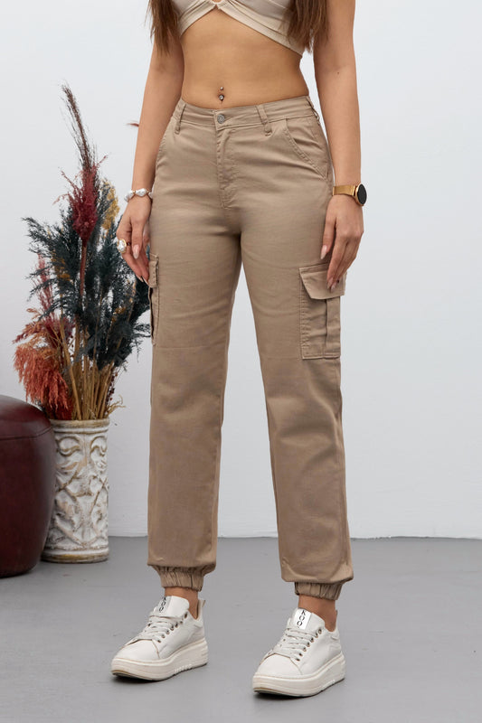 BİKELİFE Beige Cargo Pocket Gabardine Fabric Trousers Women