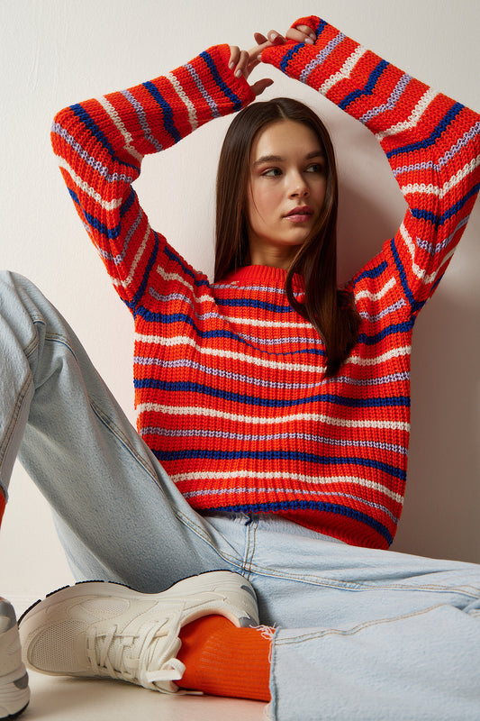 Happiness İstanbul Women's Orange Striped Knitwear Sweater Women