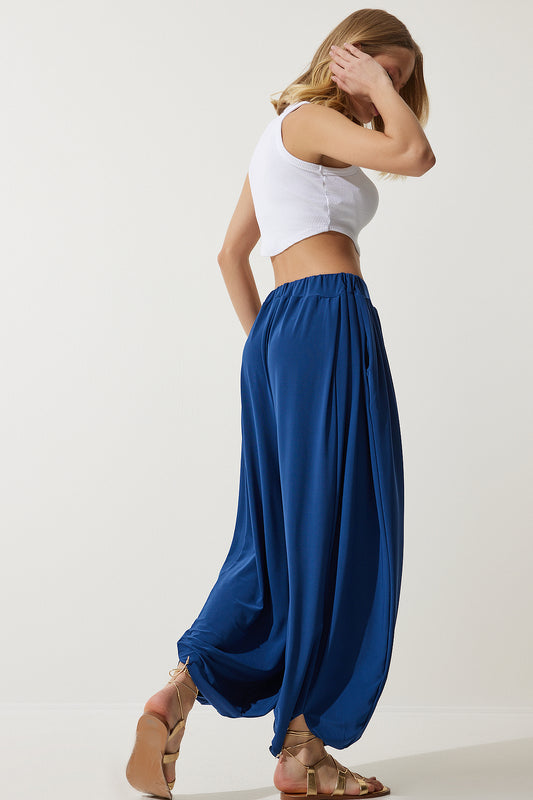Happiness İstanbul Women's Navy Blue Pleated Comfortable Modal Baggy Trousers Women