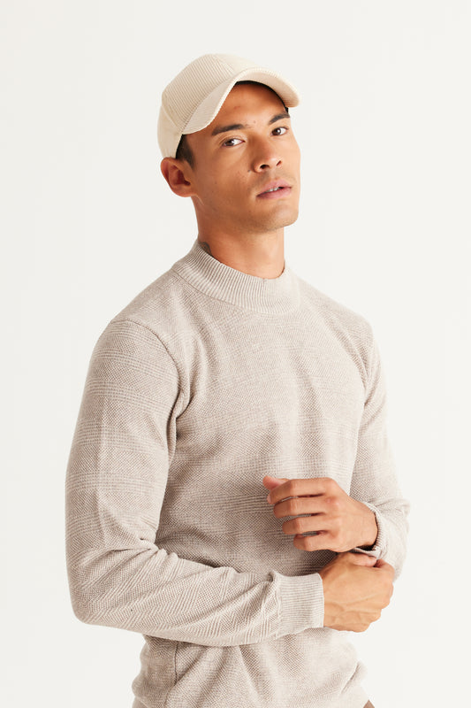 AC&Co - Altınyıldız Classics Beige Melange Standard Fit Regular Cut Half Turtleneck Cotton Jacquard Knitwear Sweater Men