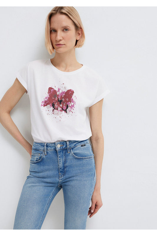 Mavi Butterfly Printed White Istanbul T-Shirt Regular Fit - Regular Cut Women
