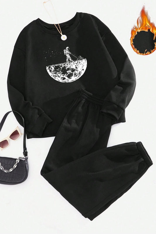 uyguntarz Unisex Space Themed Printed Crew Neck Tracksuit Set Black Unisex
