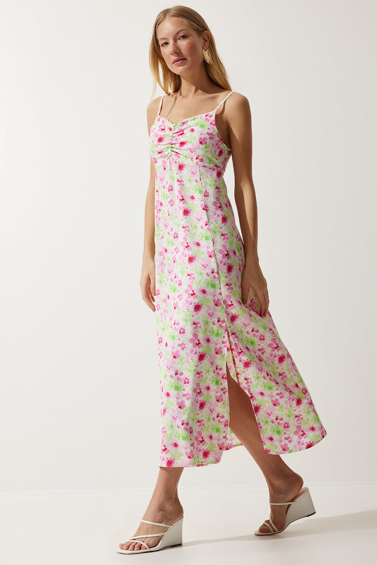 Happiness İstanbul Women's Green Pink Strap Patterned Viscose Dress Women