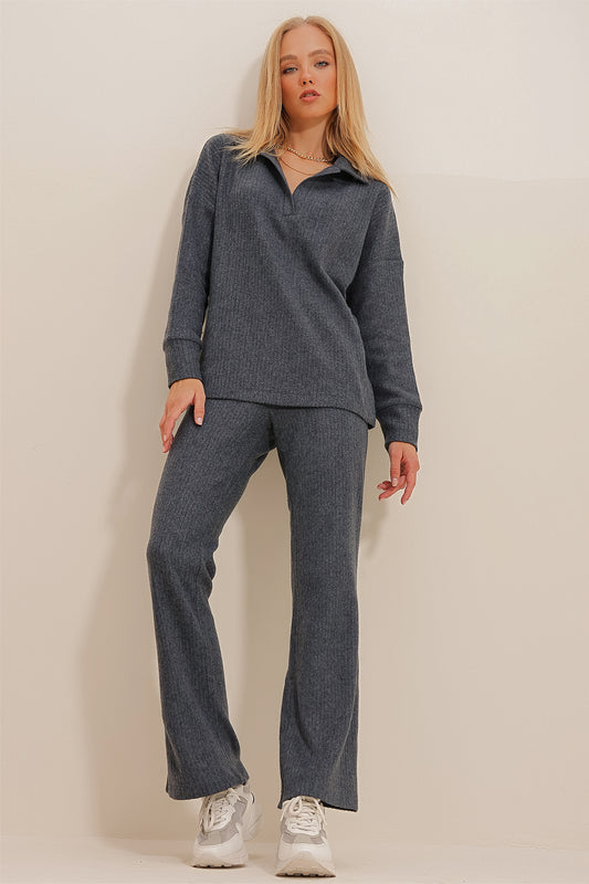 Trend Alaçatı Stili Women's Anthracite Polo Collar Top and Palazzon Trousers Knitwear Bottom Top Set Women