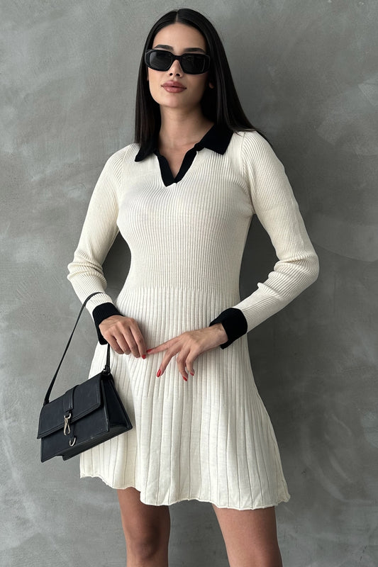 WOMAN VISION Relaxed Cut Cream Knitwear Polo Collar Dress - Long Sleeve Women