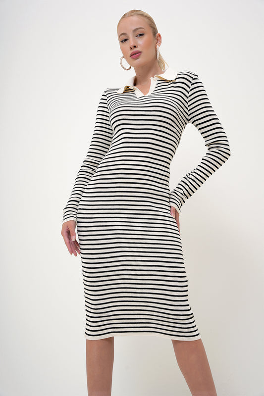 VAGGON Women's Ecru Polo Collar Striped Knitwear Dress Women