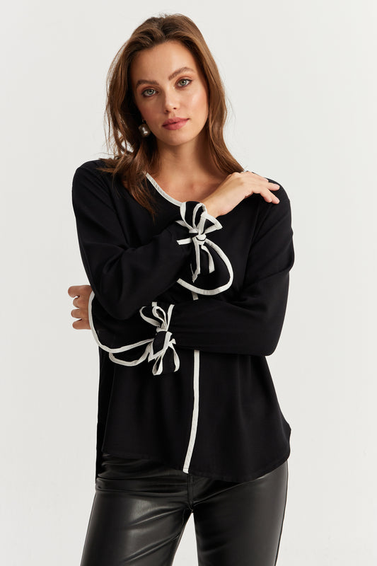 Cool & Sexy Women's Black-White Contrast Piping Woven Blouse Black And White Women