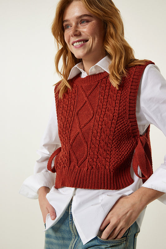 Happiness İstanbul Women's Tile Motif Tie-Up Crop Knit Suiter Women