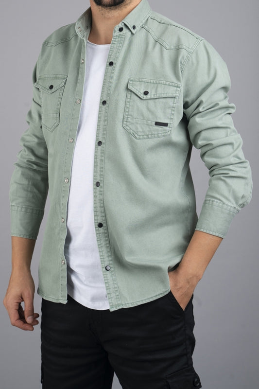 bombe Slim Fit Men's Cotton Denim Shirt Water Green Aqua Green Men