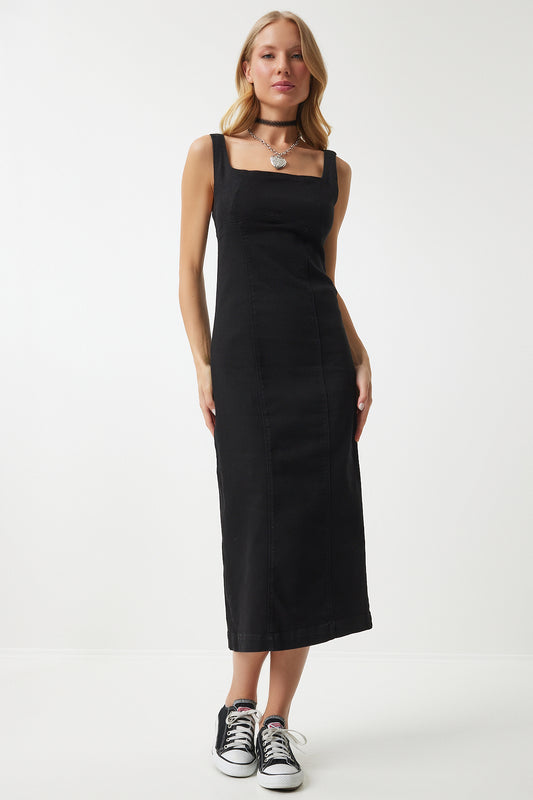 Happiness İstanbul Black Midi Denim Dress - Vivid, Zippered, Strap Live Black Women