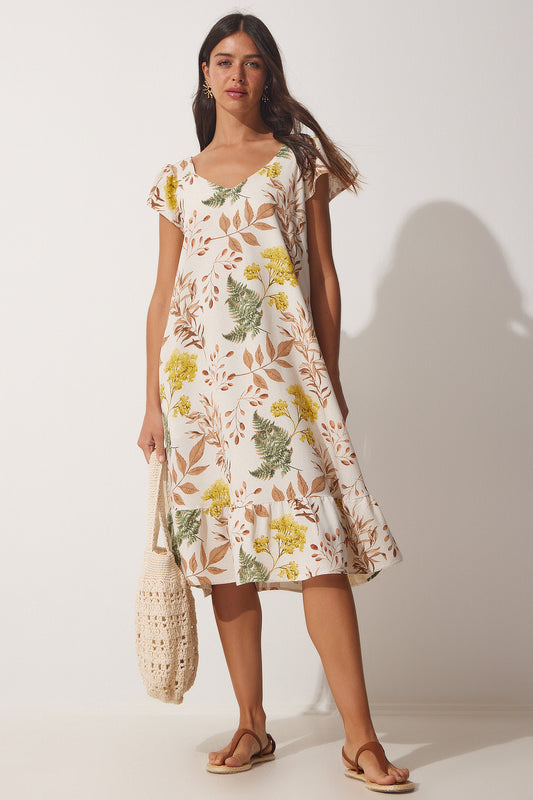 Happiness İstanbul Women's Cream Biscuit Patterned Linen Summer A-Line Dress Cream Biscuits Women