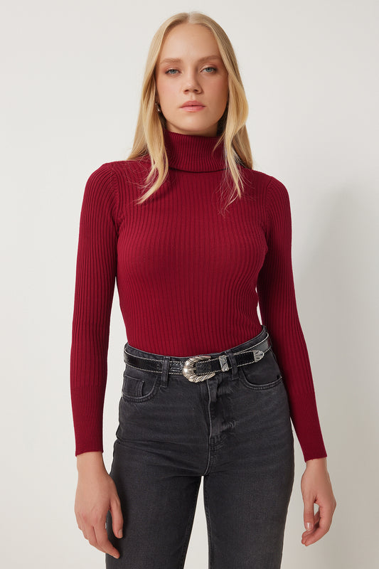 Happiness İstanbul Woman's Burgundy Studded Ribbed Lycra Sweater Women