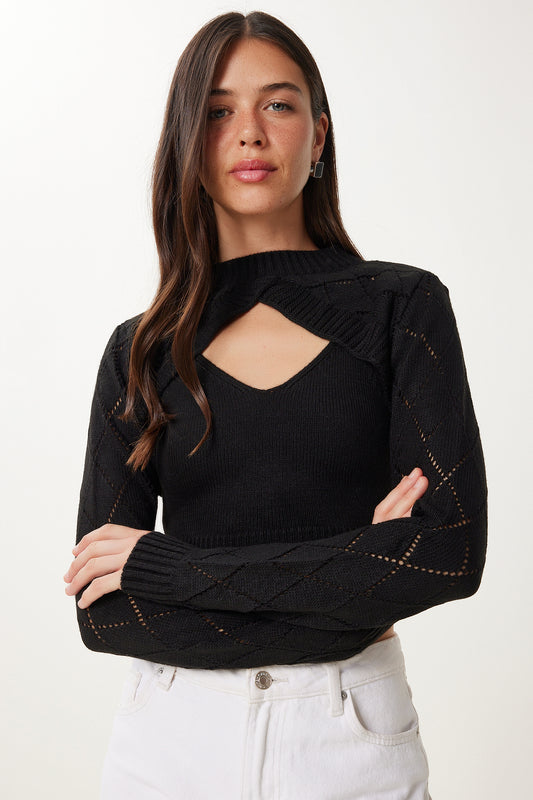 Happiness İstanbul Black Turtleneck Crop Knitwear Athlete Set Women