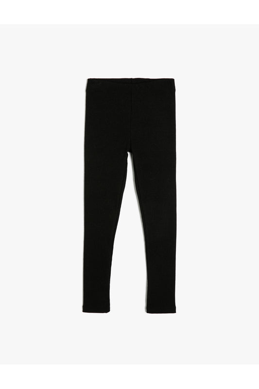 Koton Basic Leggings Ribbed Elastic Waist Applique Detail Cotton Black Women