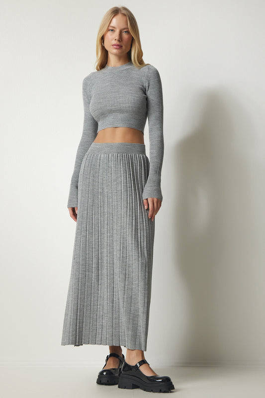 Happiness İstanbul Women's Gray Corded Knitwear Crop Skirt Set Women