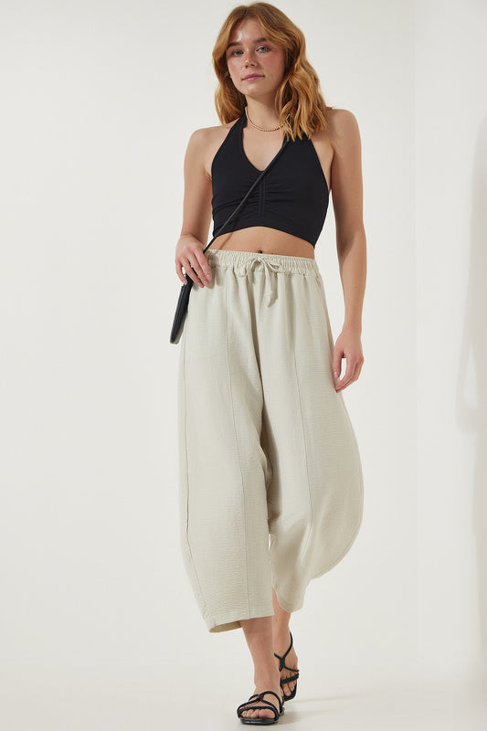 Happiness İstanbul Women's Light Cream Pocketed Linen Viscose Baggy Trousers Women