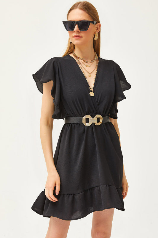 Olalook Women's Black Double-breasted Collar Sleeve Detailed Mini Draped Dress Women