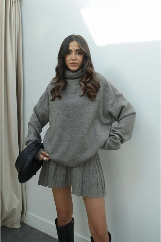 Mooi Butik Mink Colored Fisherman's Sweater and Pleated Mini Skirt Set Women