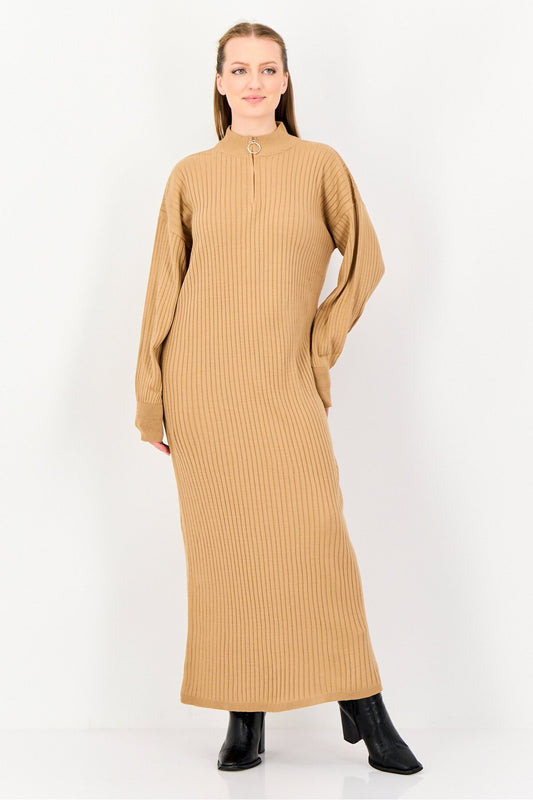 Happiness İstanbul Women's Biscuit Zip Collar Ribbed Long Knitwear Dress Women