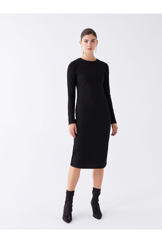 LC Waikiki Women's Dress - Crew Neck, Solid, Long Sleeve Black Women