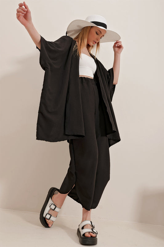 Trend Alaçatı Stili Women's Black Slit Leg Self-Textured Trousers and Jacket Double Set Women