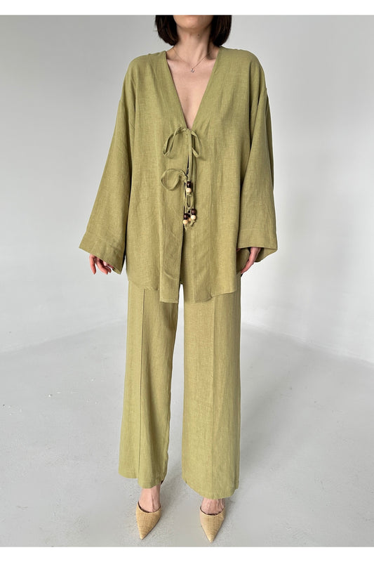 Laluvia Khaki Beaded Kimono Linen Set Women