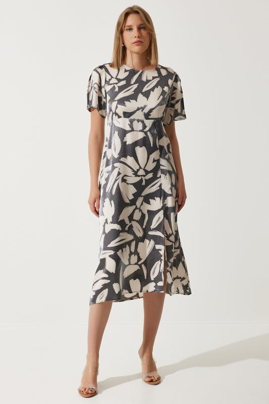 Happiness İstanbul Women's Smoked Patterned Satin Surface Slit Summer Dress Women