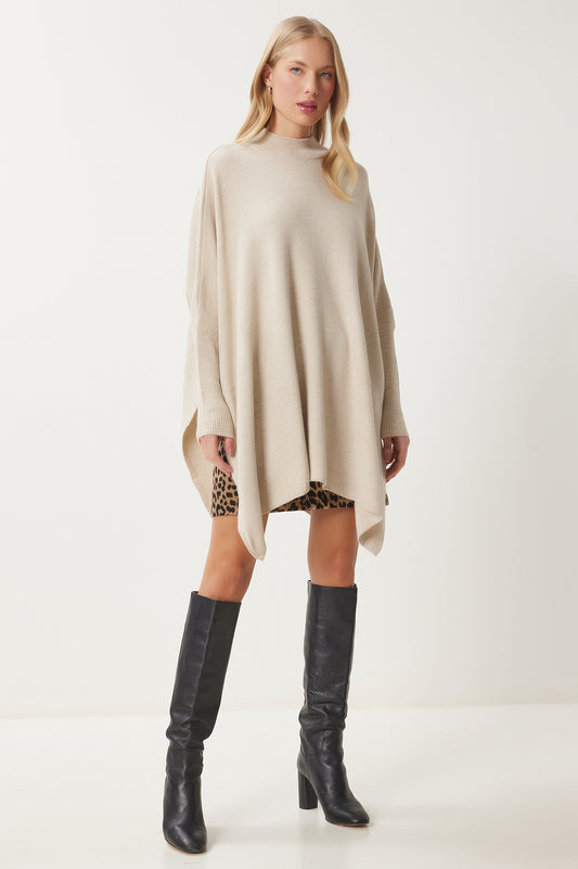 Happiness İstanbul Women's Cream Side Slit Oversize Poncho Sweater Women