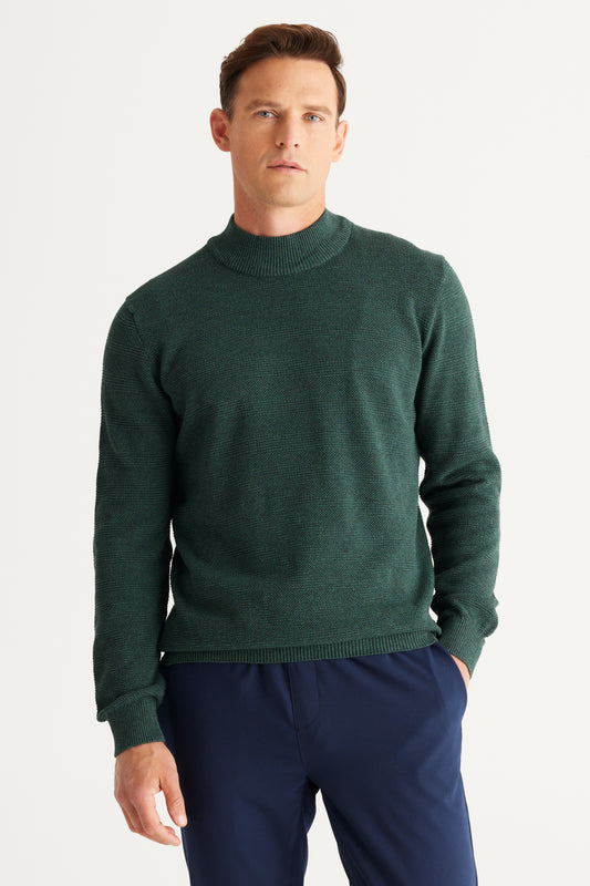 AC&Co - Altınyıldız Classics Green Standard Fit Regular Cut Half Turtleneck Cotton Jacquard Knitwear Sweater Men