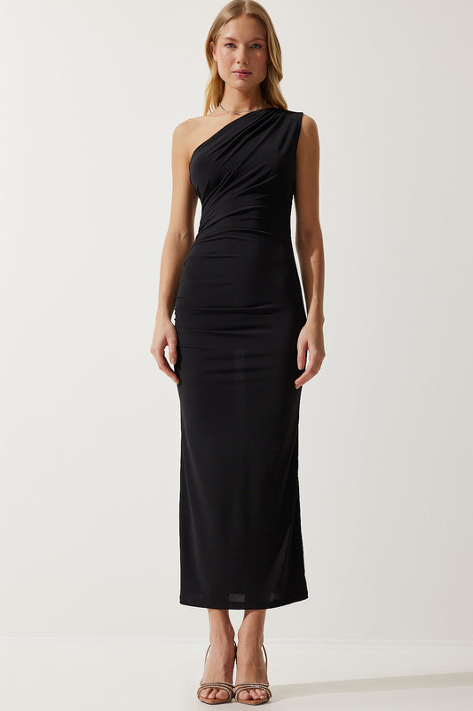 Happiness İstanbul Women's Black One Shoulder Gathered Saran Sandy Dress Women