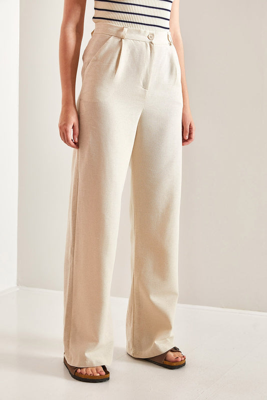Bianco Lucci High Waist Linen Women's Palazzo Trousers Stone Women