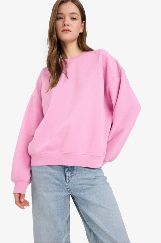DeFacto Coool Oversize Wide Fit Crew Neck Thick Basic Plain Sweatshirt Pink Women