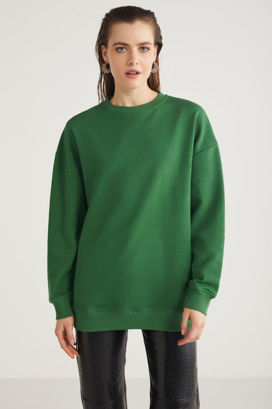 GRIMELANGE Allys Women's Crew Neck Oversize Basic Green Sweatshirt Women