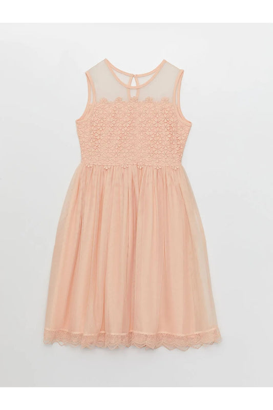 LC Waikiki 23 April Stylish Crew Neck Lace Detailed Girl's Dress Pink Women