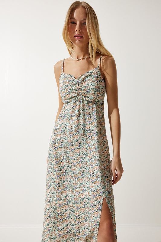 Happiness İstanbul Women's Cream Green Strap Patterned Viscose Dress Women