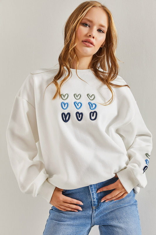 Bianco Lucci Women's Three Thread Raised Heart Printed Sweatshirt White Women
