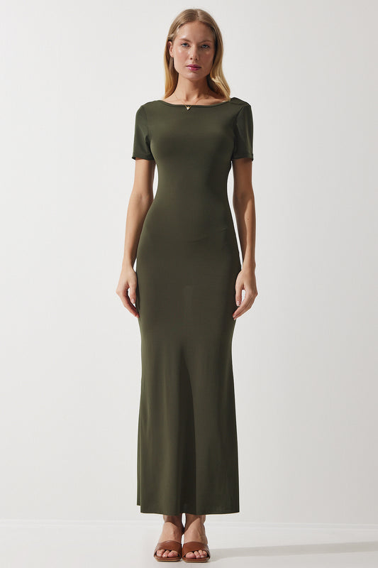 Happiness İstanbul Women's Khaki Low-cut Long Sandy Knitted Dress Women