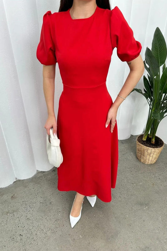 Deafox Red Imported Crepe Fabric Watermelon Sleeve Back Zipper Midi Length Dress Women