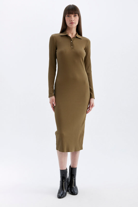 DeFacto Polo Neck Ribbed Camisole - Long Sleeve Midi Dress Khaki Women