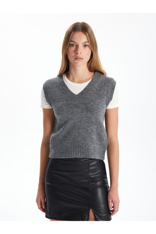 LC Waikiki V-Neck Women's Knitwear Sweater Grey Women
