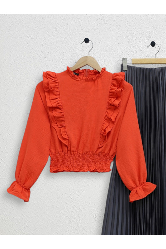 Modamorfo Ruffled Waist Gathered Ayrobin Blouse - Pomegranate Flower Pomegranate Blossom Women