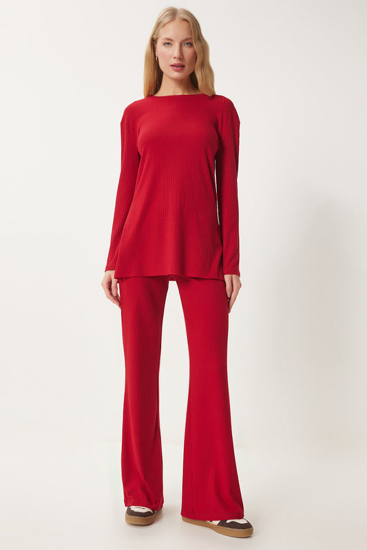 Happiness İstanbul Women's Red Knitted Blouse and Trousers Set - Comfortable Corduroy Women
