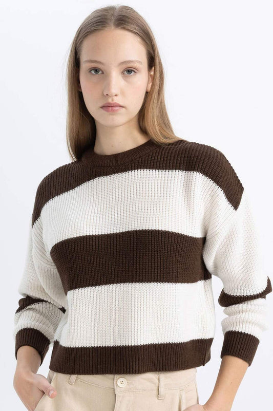 DeFacto Oversized Wide Fit Crew Neck Striped Knitwear Sweater Coffee Women