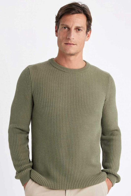 DeFacto Standard Fit Crew Neck Textured Knitwear Sweater Beige Men