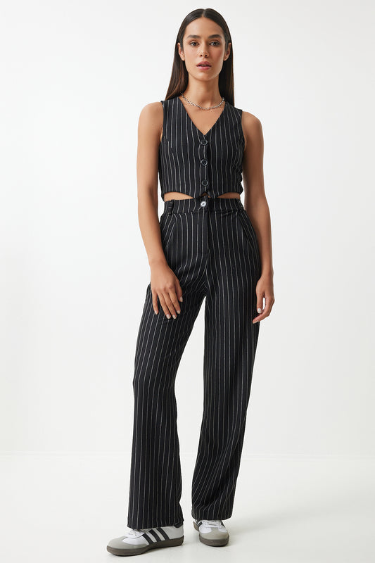 Happiness İstanbul Black Pinstripe Women's Knitted Vest and Trousers Set Women