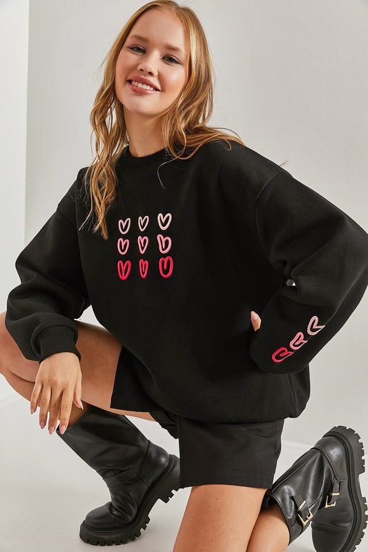 Bianco Lucci Women's Three Thread Raised Heart Printed Sweatshirt Black Women