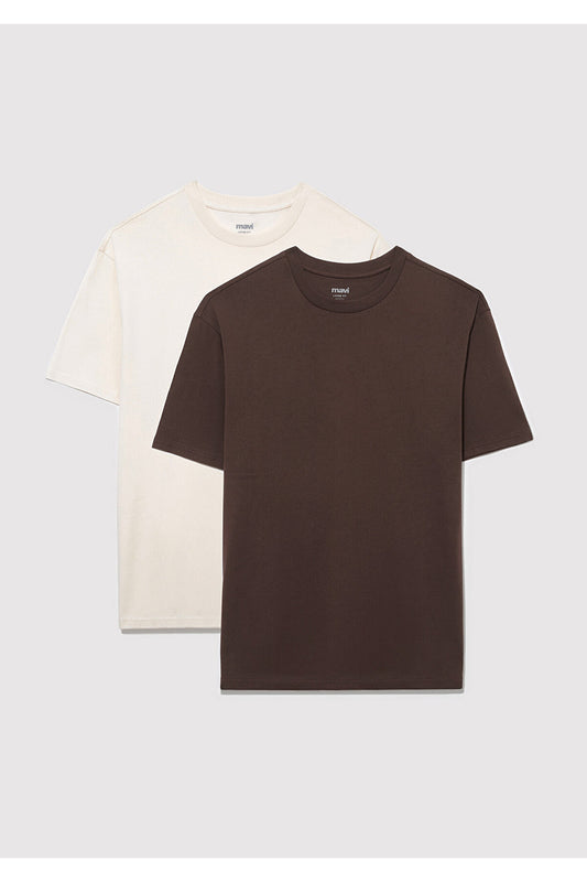Mavi 2-Piece Men's Basic T-Shirt Loose Fit - Loose Relaxed Fit Brown Men