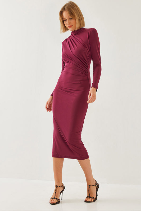 Bianco Lucci Women's Long Gathered Dress Burgundy Women